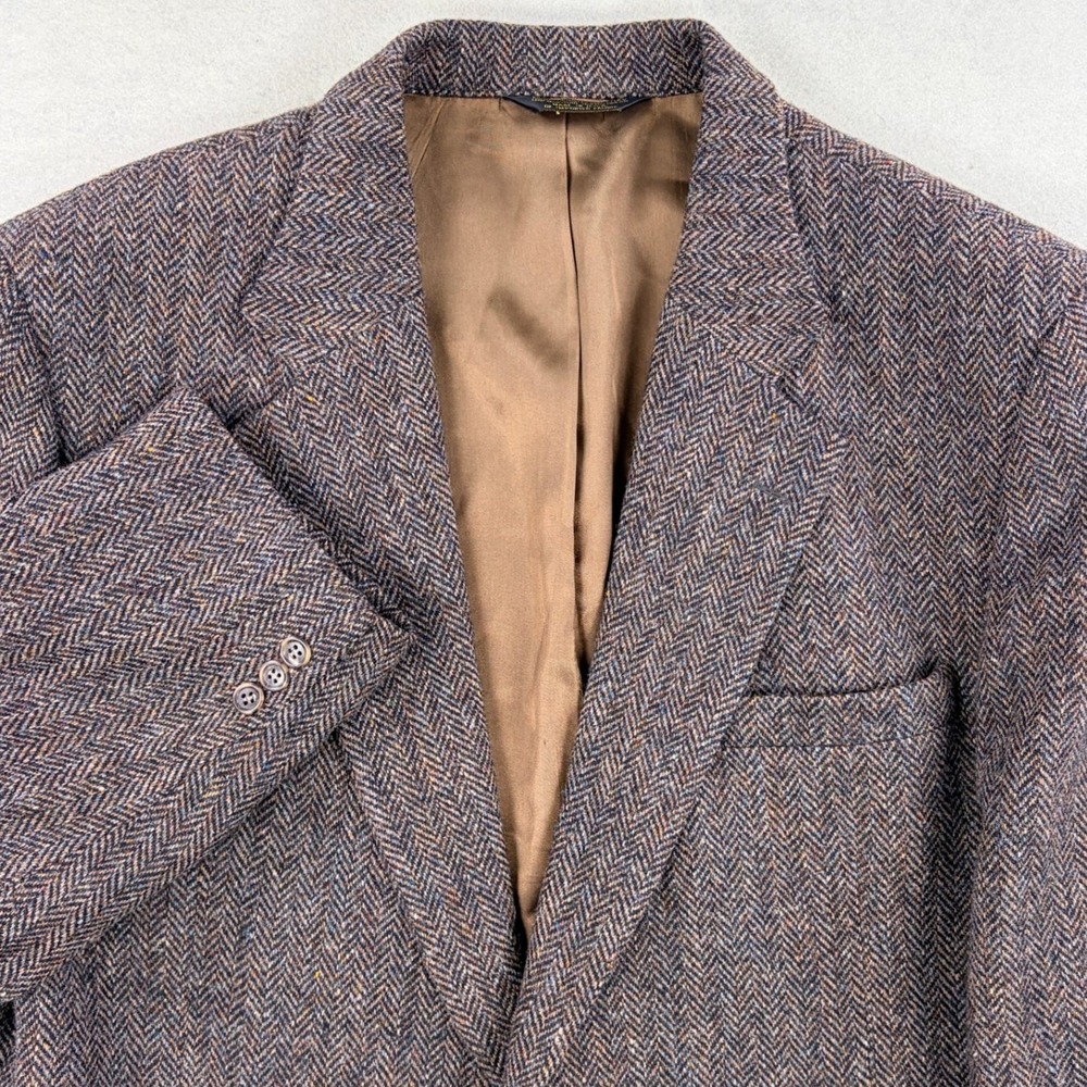 VTG Harris Tweed Mens 48 Reg Herringbone Wool Blazer Sport Coat Brown Speck USA